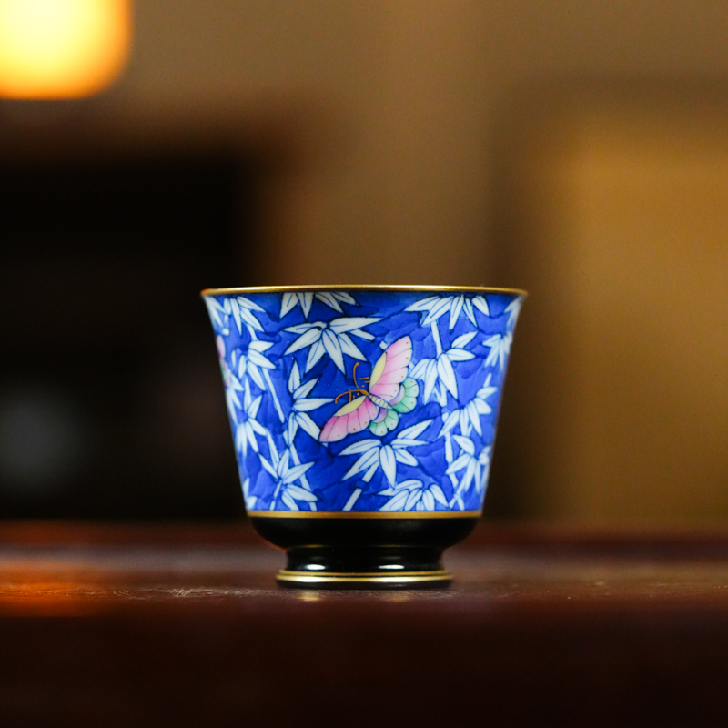 【非遗好物】主人杯玄色青花蓝地竹影蝴蝶80ml（华隐S0901）