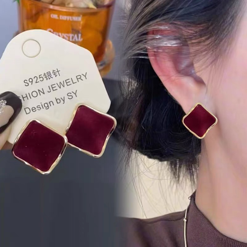 黄铜绒毛耳饰 港风复古几何方形植绒新款轻奢百搭耳饰285