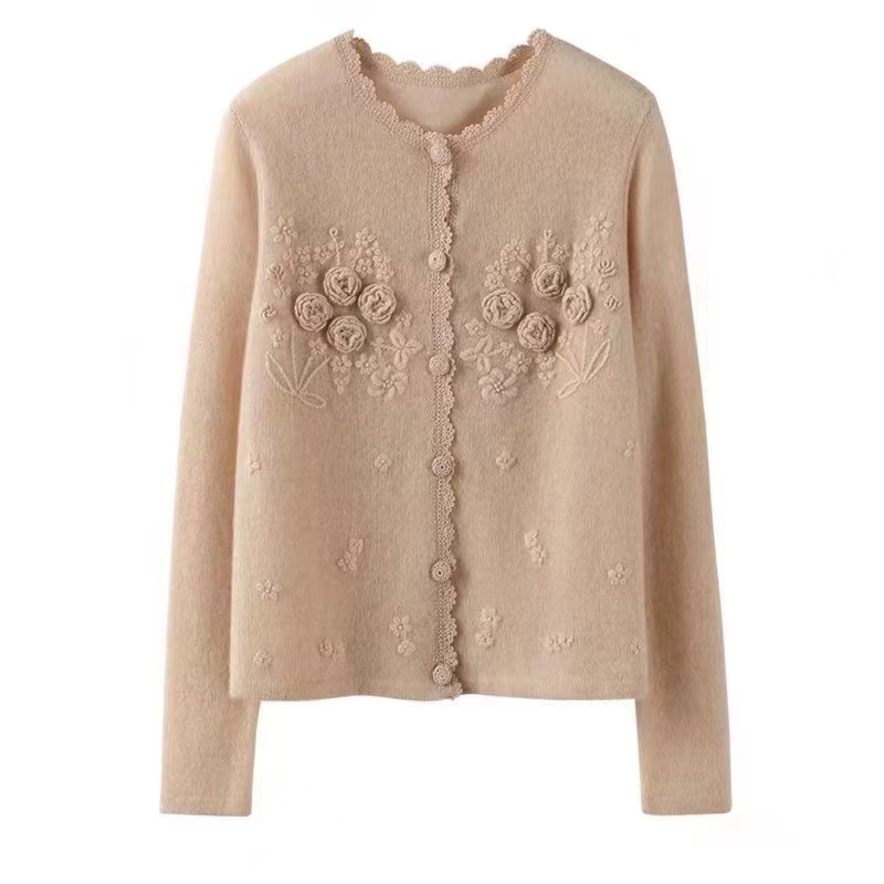 100%纯羊毛开衫女圆领重工钩花毛衣外套宽松甜休闲羊绒衫针织上衣