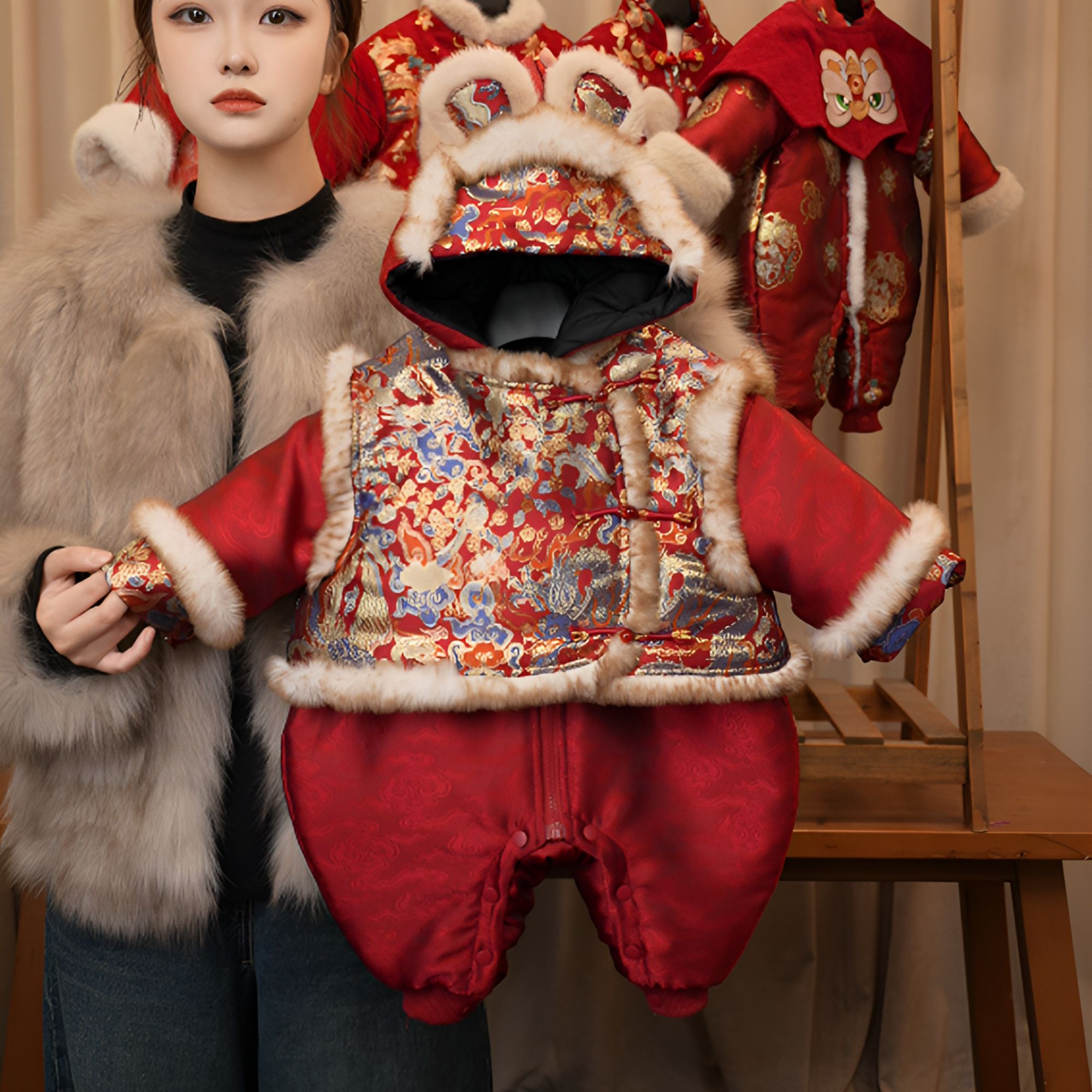 婴幼冬季爬服棉衣喜庆年服冬装连体衣红色宝宝连体哈衣25T067