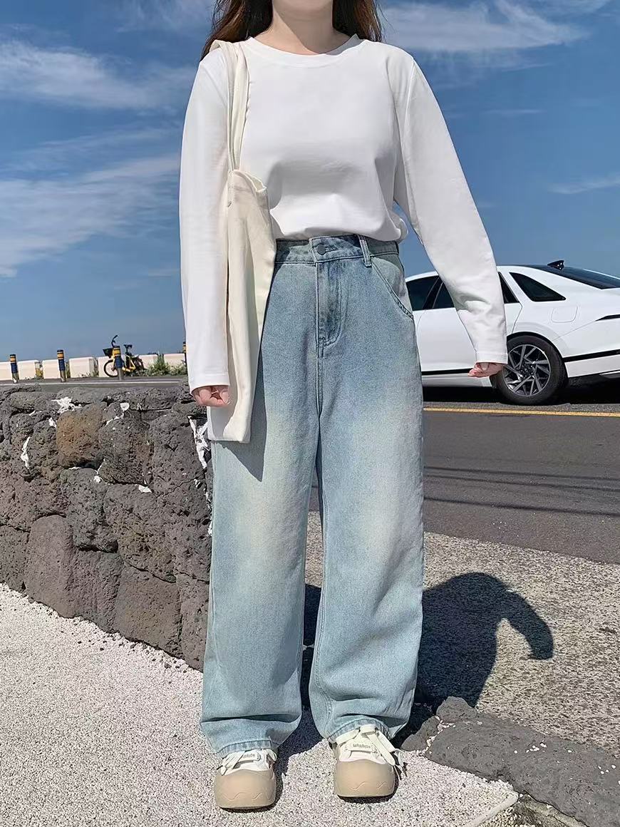 大码链接①特大码胖mm美式高街直筒牛仔裤女新款裤子个性绿色阔腿