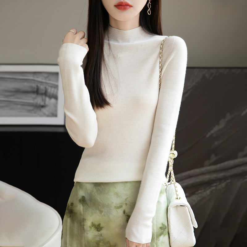100%羊毛可机洗85支16针精纺纯羊毛半高领修身显瘦秋冬女士打底衫
