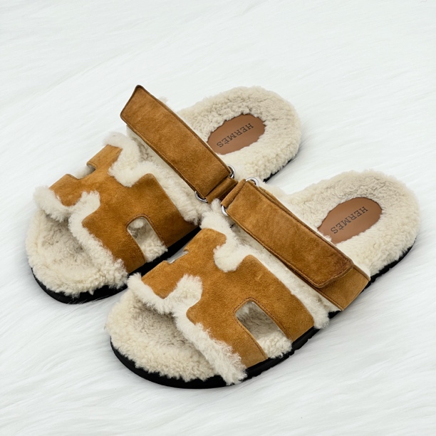 95新 Hermes/爱马仕 Chypre 羊羔毛二舅拖鞋 37码 公价8k x125