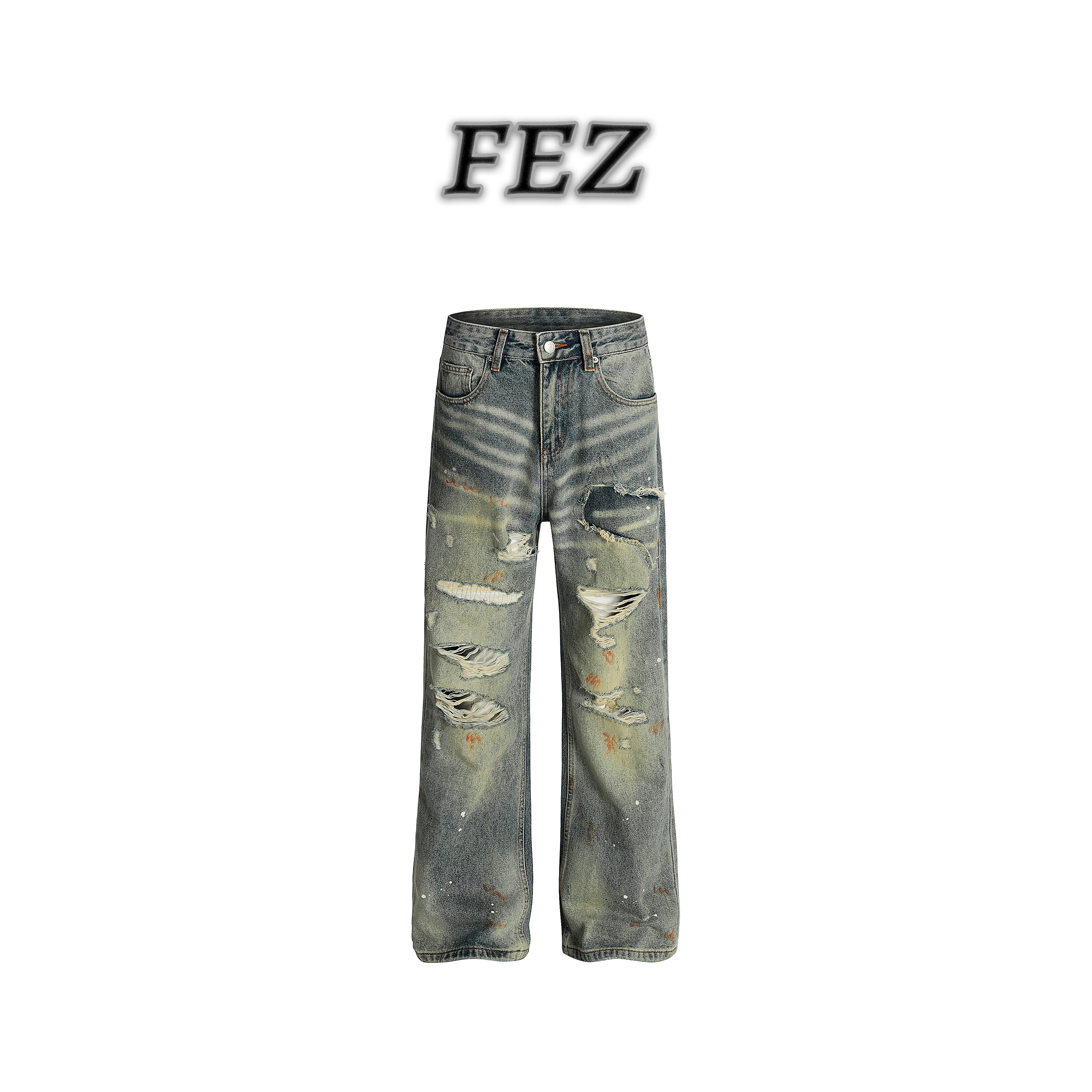 FEZ设计师水洗做旧低腰牛仔裤做旧裤子水洗直筒高街破洞