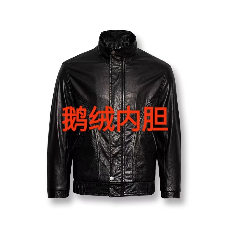 可脱卸鹅绒头层小黄牛皮男装保暖皮衣真皮男款夹克可立可翻领外套