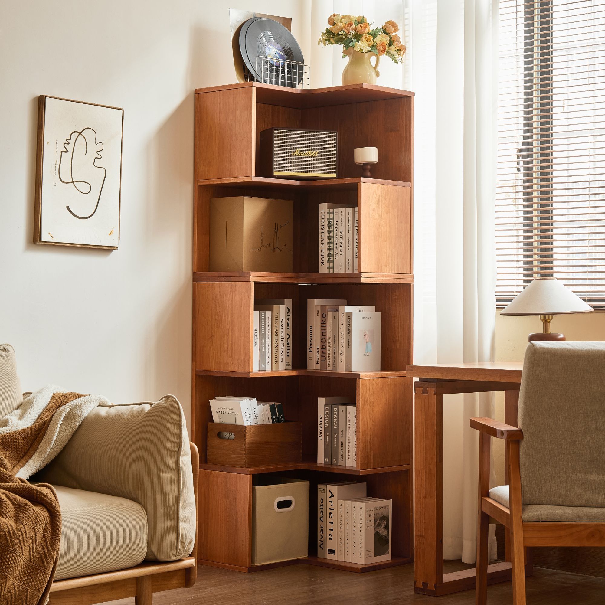 实木转角书架书柜落地客厅多层简易角落置物架实木拐角收纳置物柜