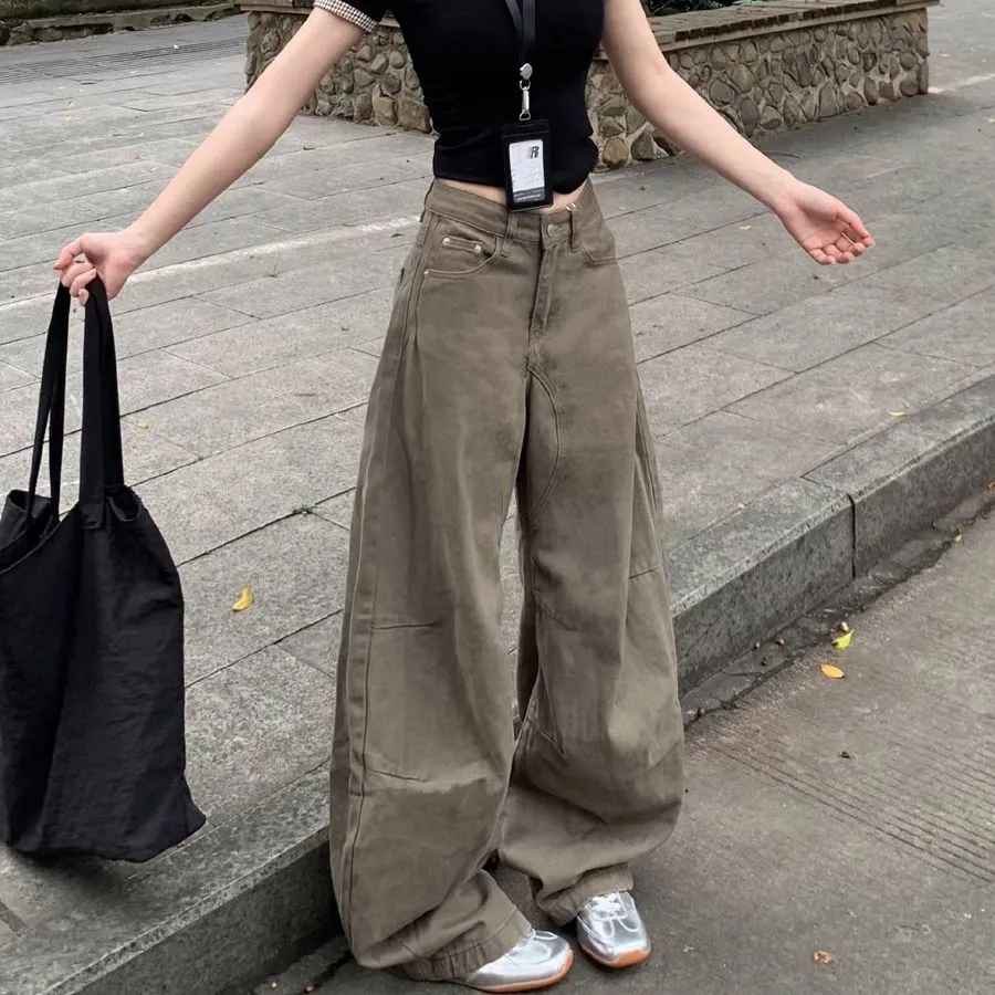 美式高街复古工装阔腿牛仔裤女小个子高腰宽松直筒裤弯刀拖地长裤