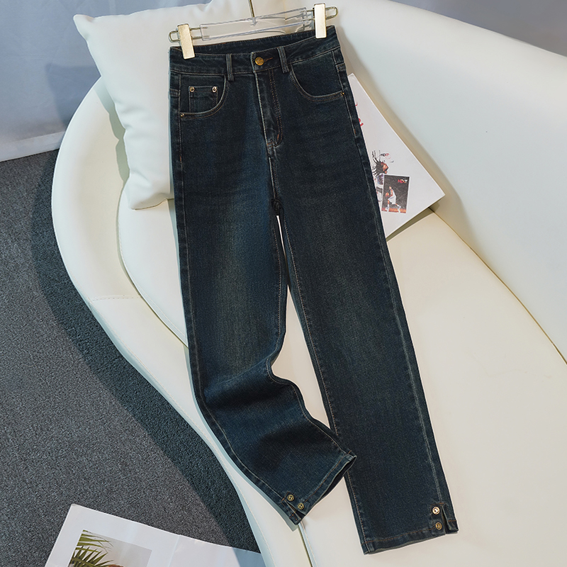 牛仔裤开叉管裤女士高腰直筒窄版时尚显瘦春秋长裤修身弹力女裤子