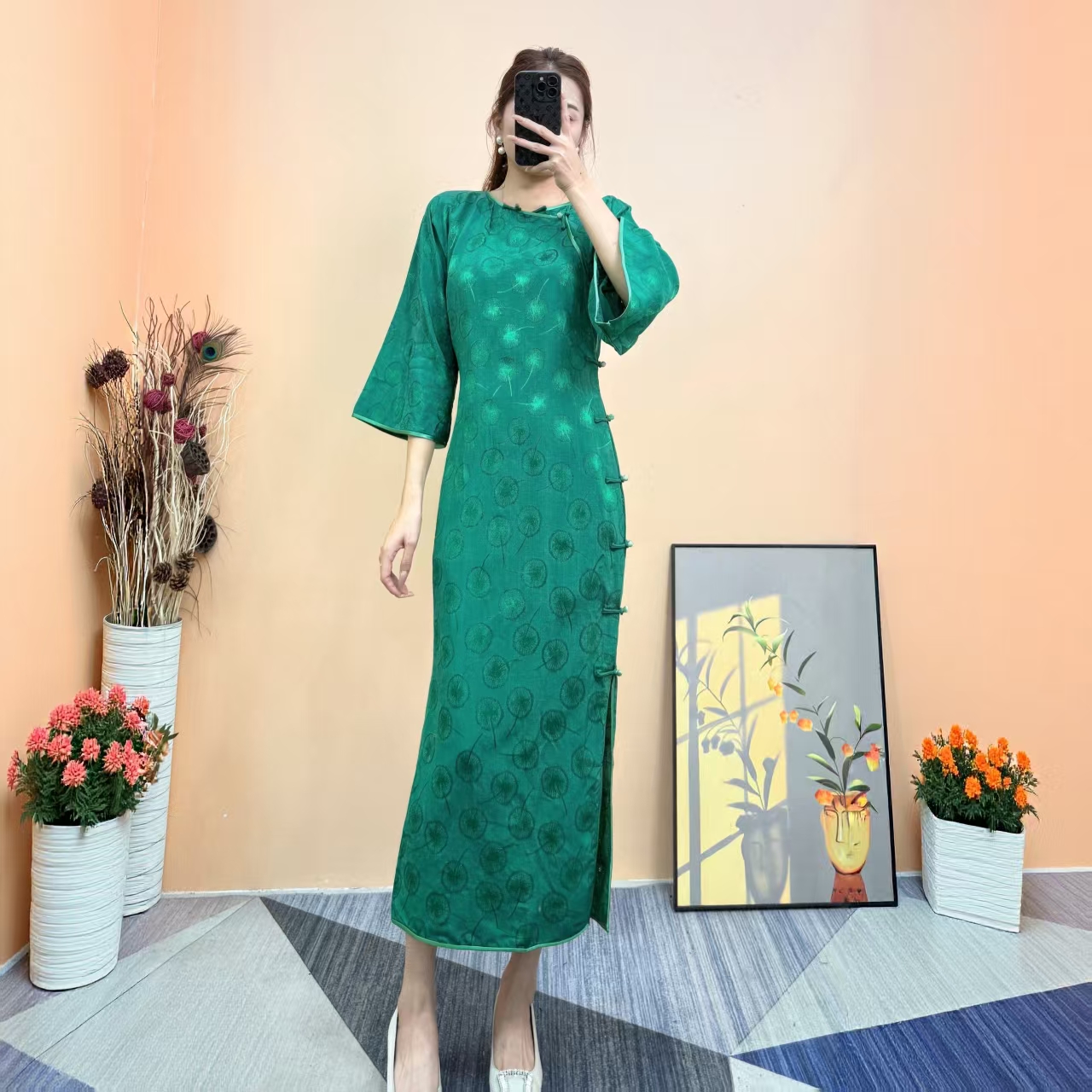 [依易原创]新中式气质慵懒风缎面提花改良旗袍裙E1313