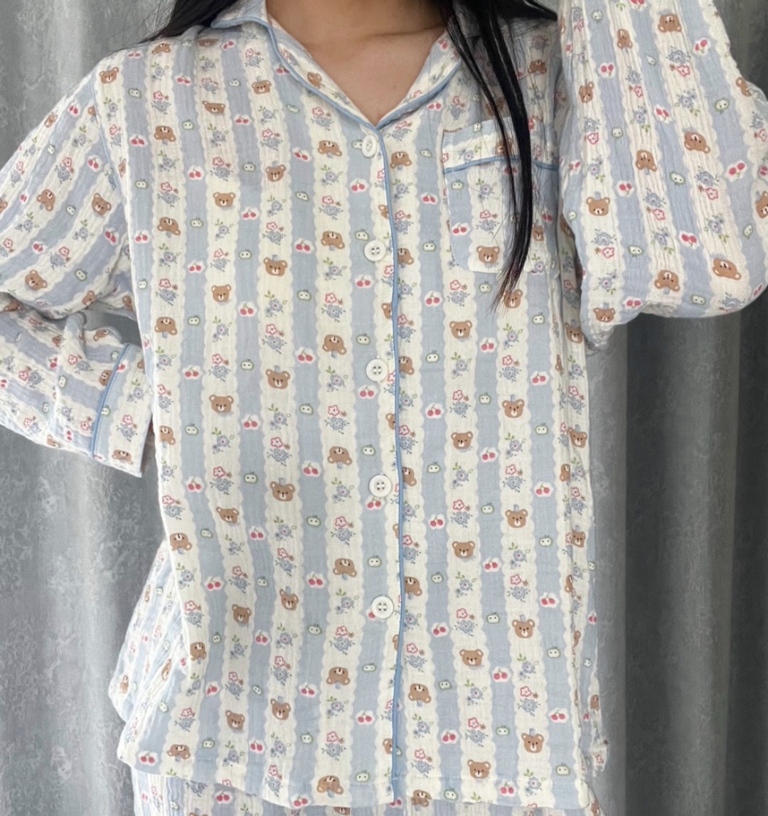 纯棉双层纱睡衣韩系可爱宽松春秋套装全棉家居服