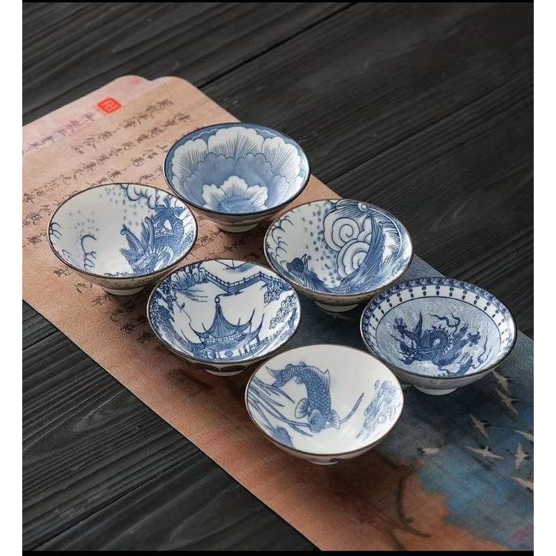 青花斗笠杯釉下彩茶杯主人杯整套陶瓷家用品茗杯