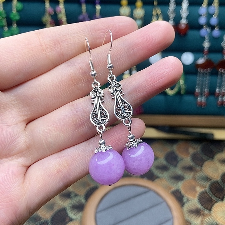 石英质玉耳钉银S925镶嵌