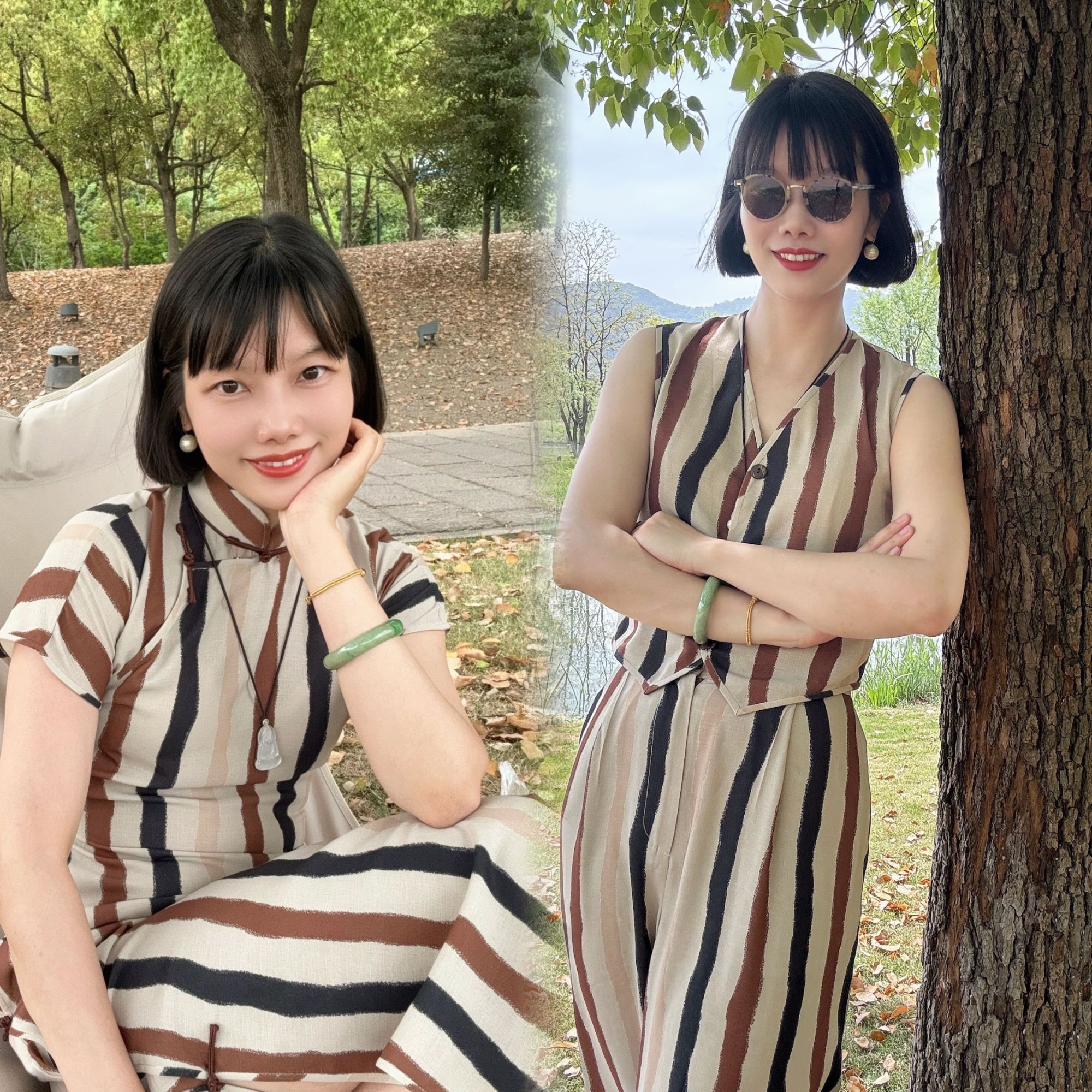 旧胶片 top ulara 法式套装短款背心马甲直筒裤条纹全开襟旗袍