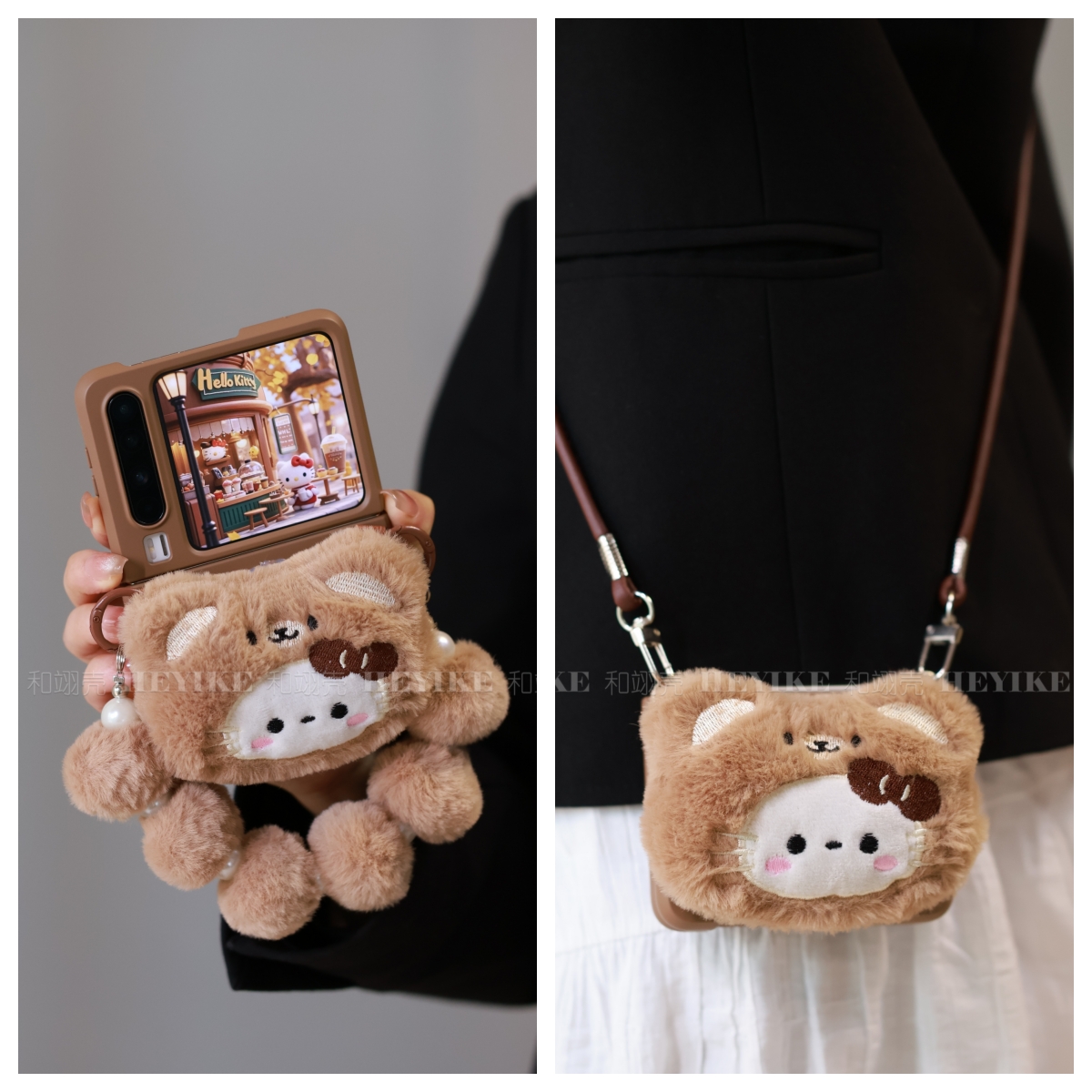 立体毛绒KT猫公仔适用华为purax手机壳折叠屏zflip7创意pocket2粉