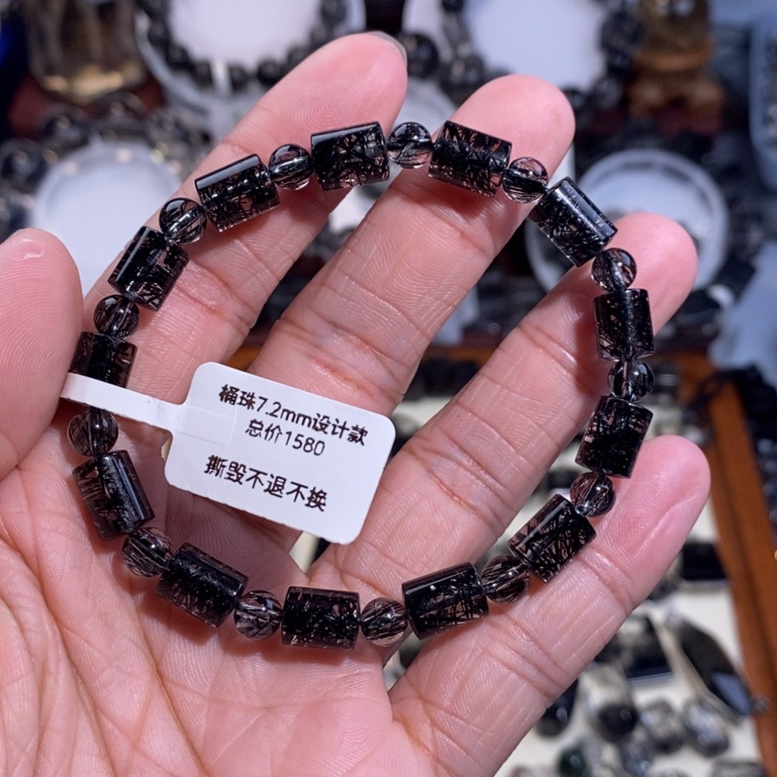 水晶手链未镶嵌黑发晶桶珠设计款7mm全透体满发蕾丝毕业级