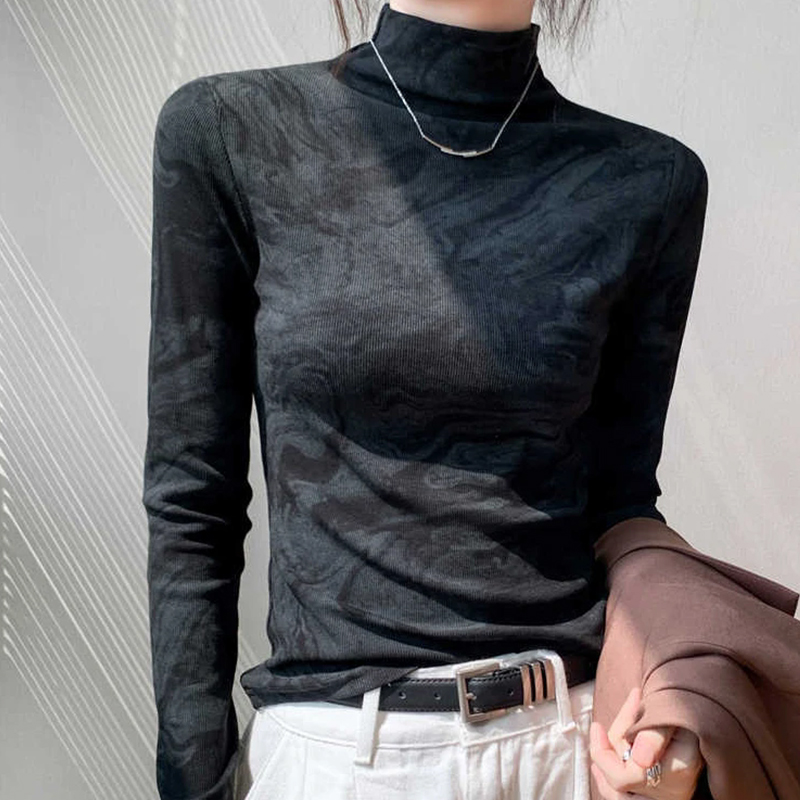 半高领打底衫女内搭扎染半高领长袖t恤女装秋冬百搭加绒德绒上衣