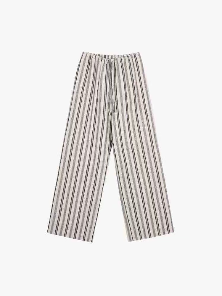 8828 【专柜断码福利】高定亚麻经典条纹松紧腰垂感休闲阔腿裤