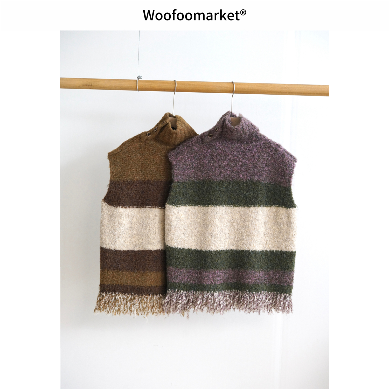 【海街日集】花纱流苏拼接复古高领无袖马甲女冬季 AWMY363