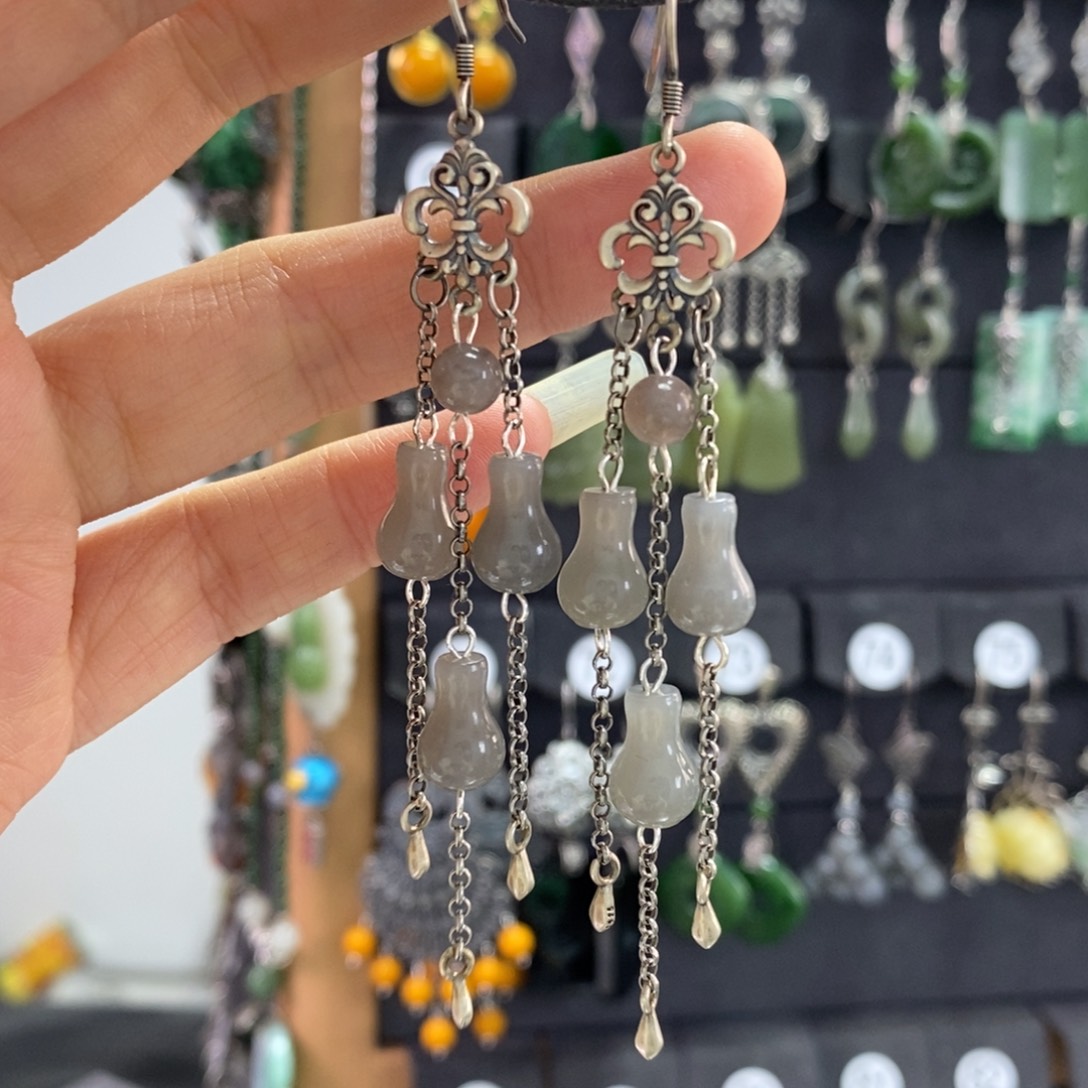 用***4和田玉银S925镶嵌耳饰X12