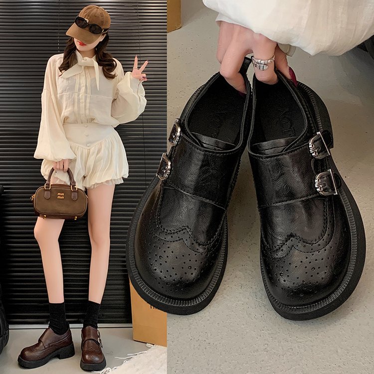 英伦风2026春季新款乐福鞋女双搭扣黑色单鞋复古学院文艺小皮鞋