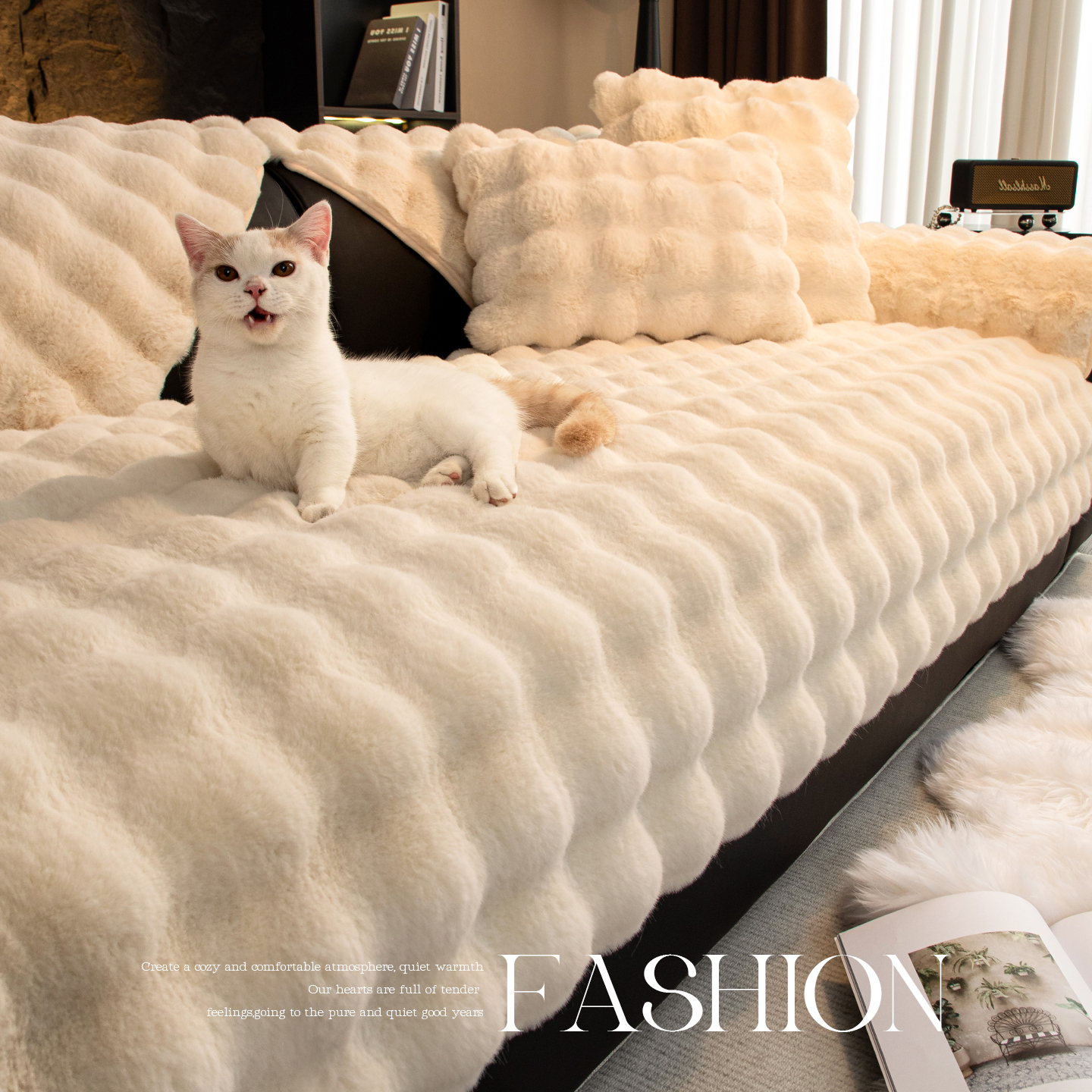 霏淘2025新款奶油风沙发垫秋冬款加厚兔毛绒固定防滑直排沙发坐垫