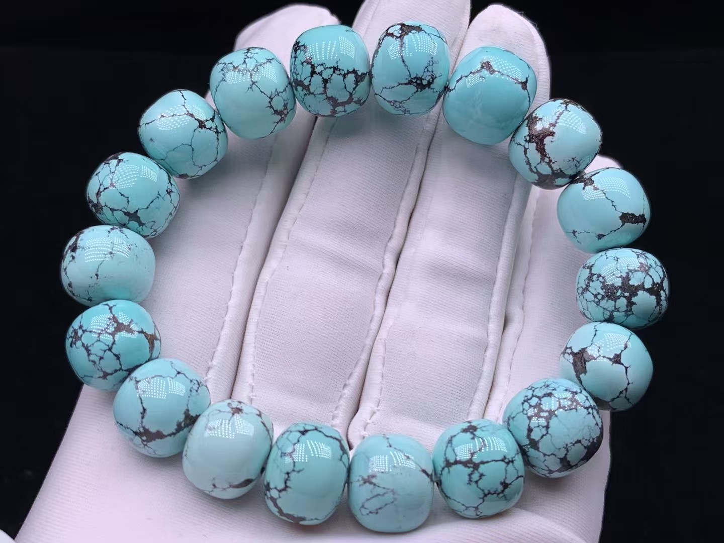 纯天然高瓷特色网花水草纹卡12+老型绿松石手串，无坑裂，一窝料