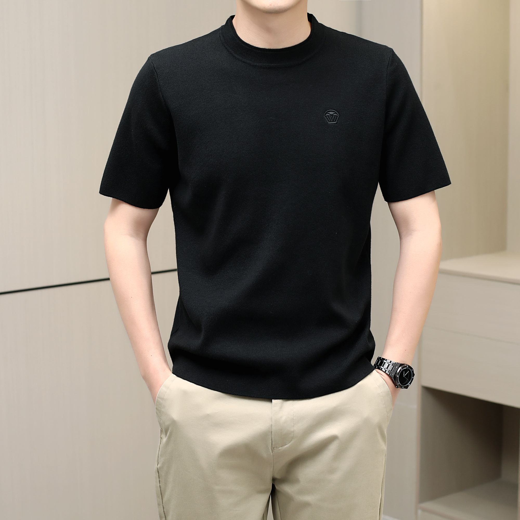 男士针织冰丝短袖男高品质轻奢潮流圆领夏季时尚纯色修身男针织衫