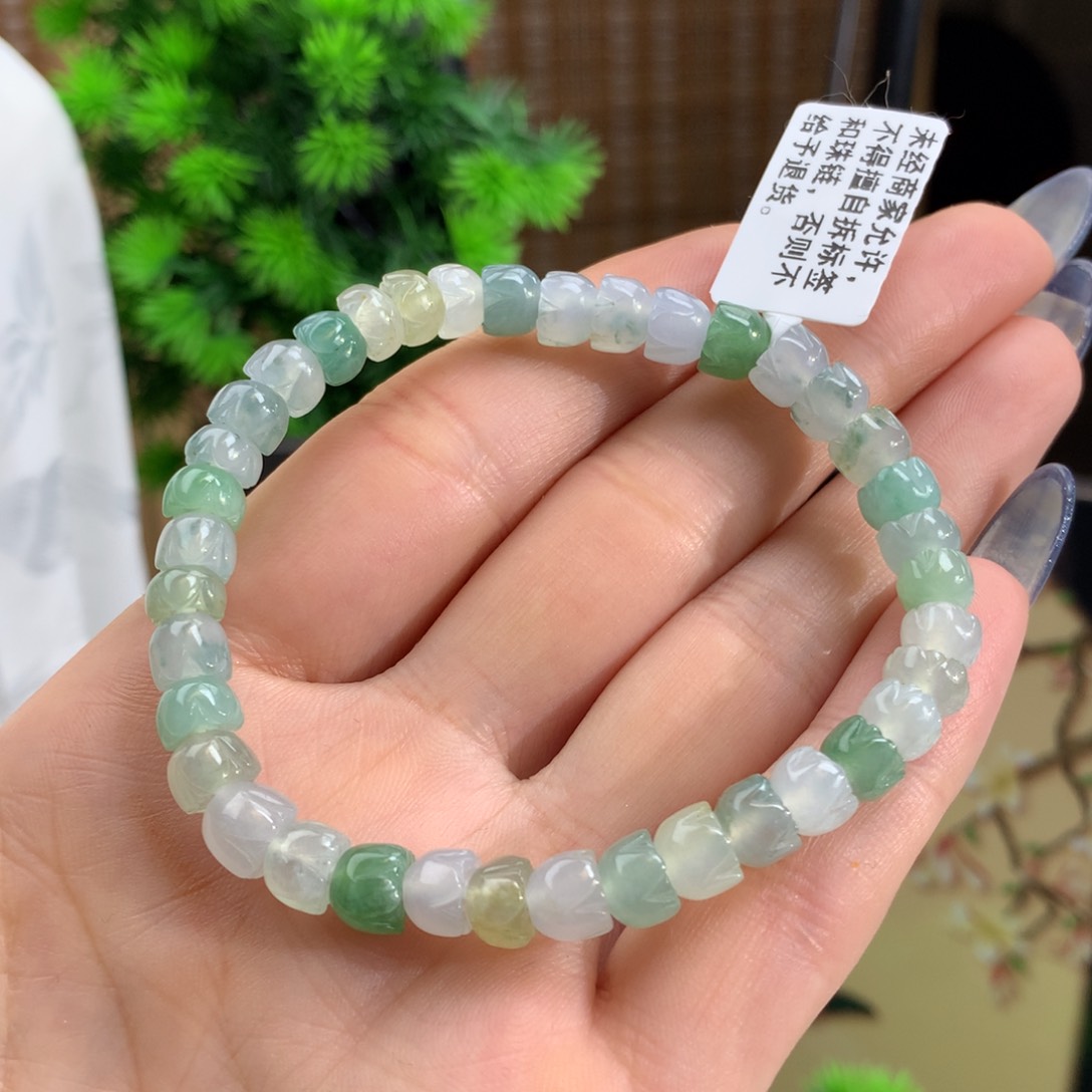 翡翠手链未镶嵌冰胶多宝莲花珠手链卡6.7m m