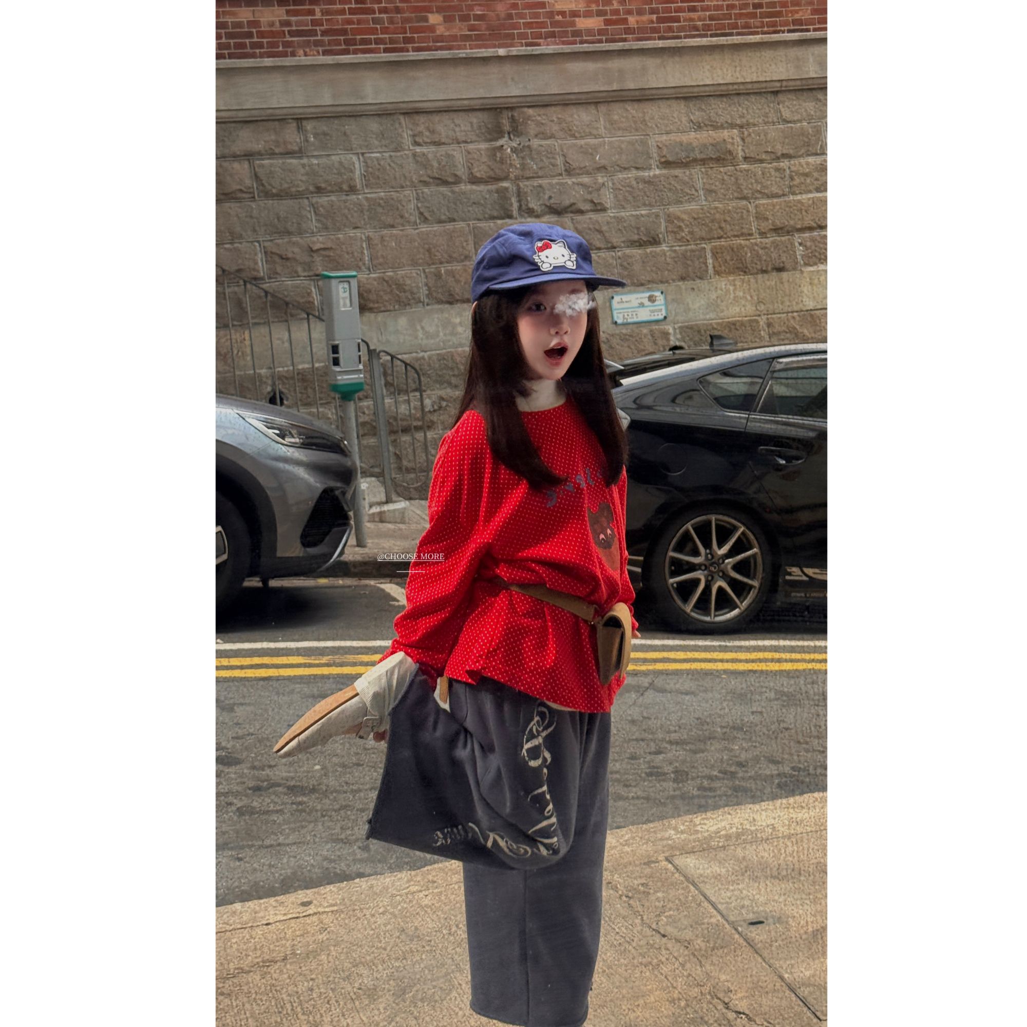 CHOOSEMORE|26s早春“韩女出街”趣味波点印花T恤做旧感九分运动裤