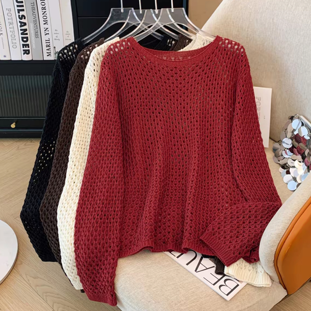 广州十三行高货爆款~慵懒松弛感！大码洋气显瘦镂空针织上衣女早秋