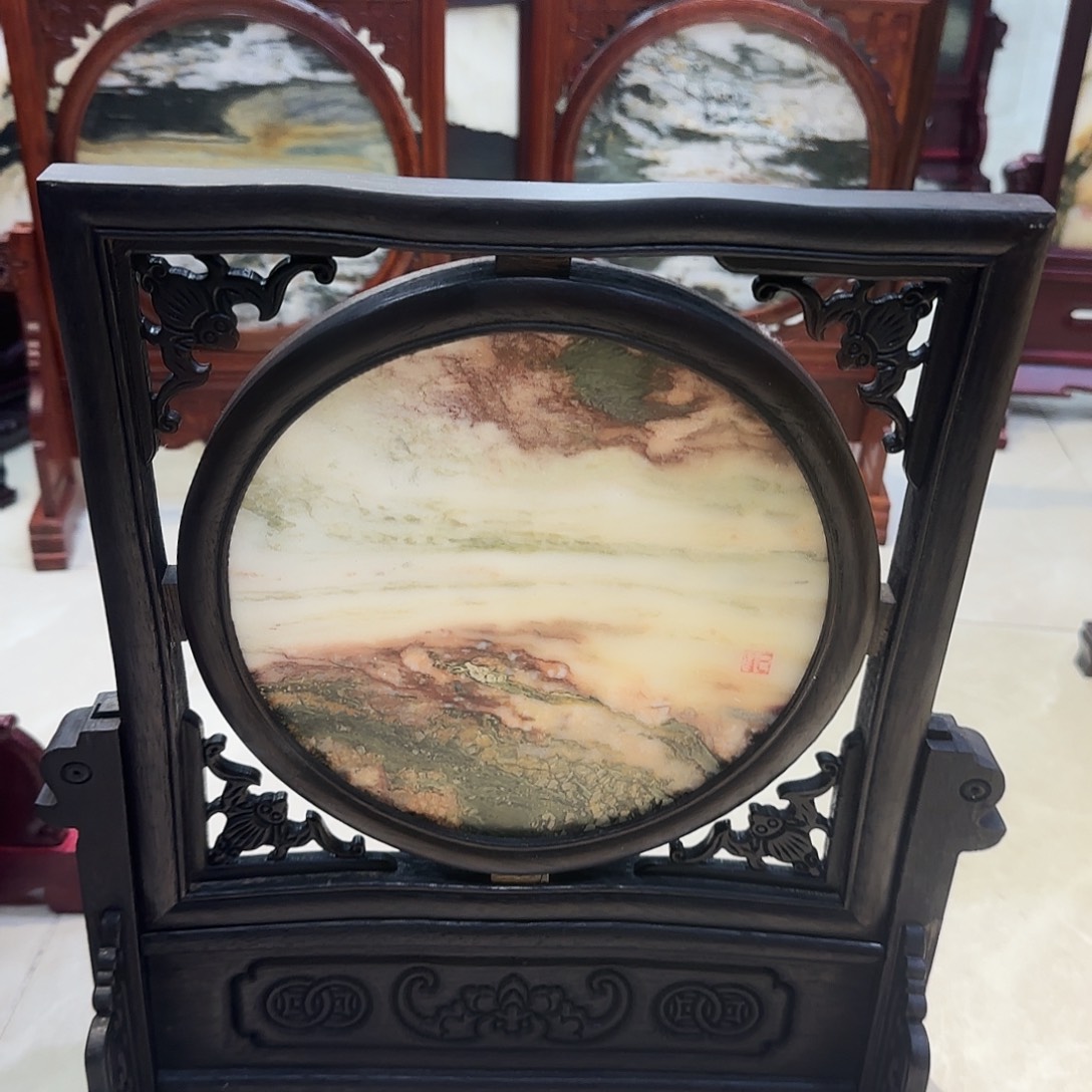 木天然大理石画屏风摆件32×38