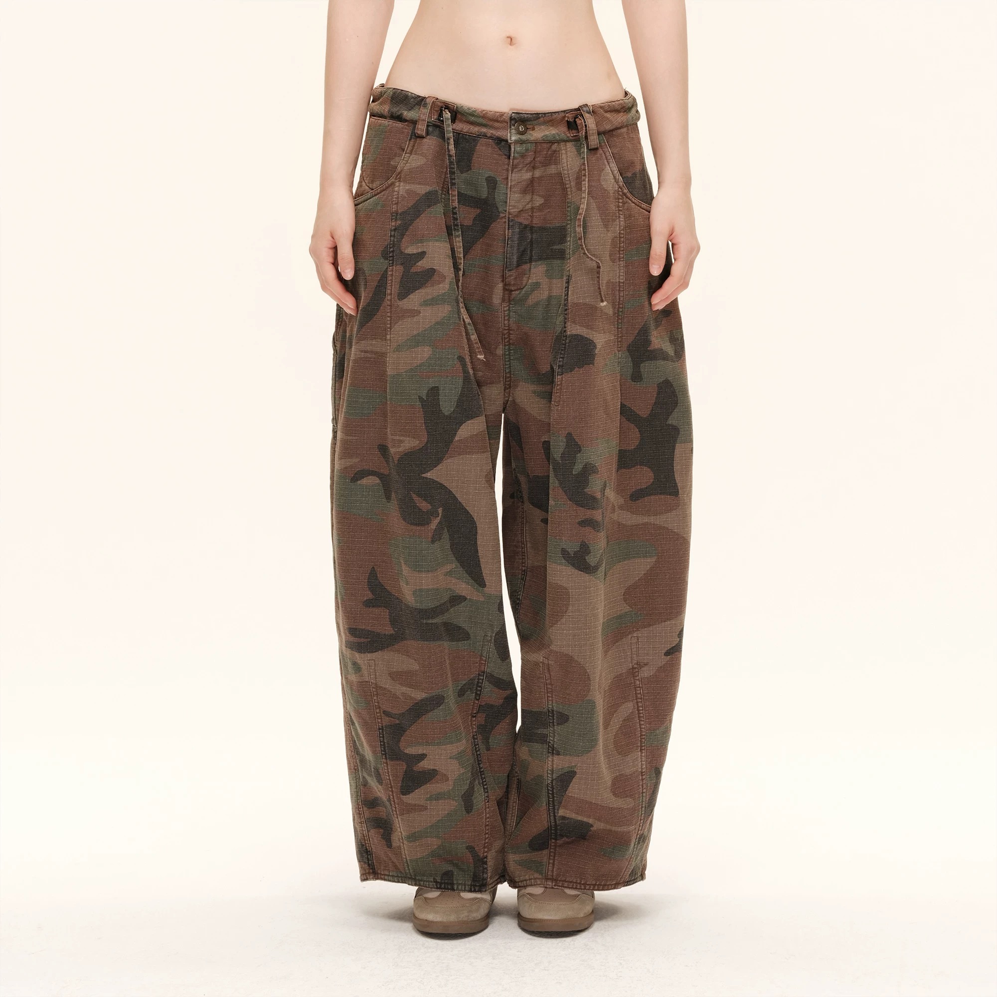 COZYDOLL美式街头复古做旧迷彩廓形宽松摇粒绒加厚棉裤工装裤