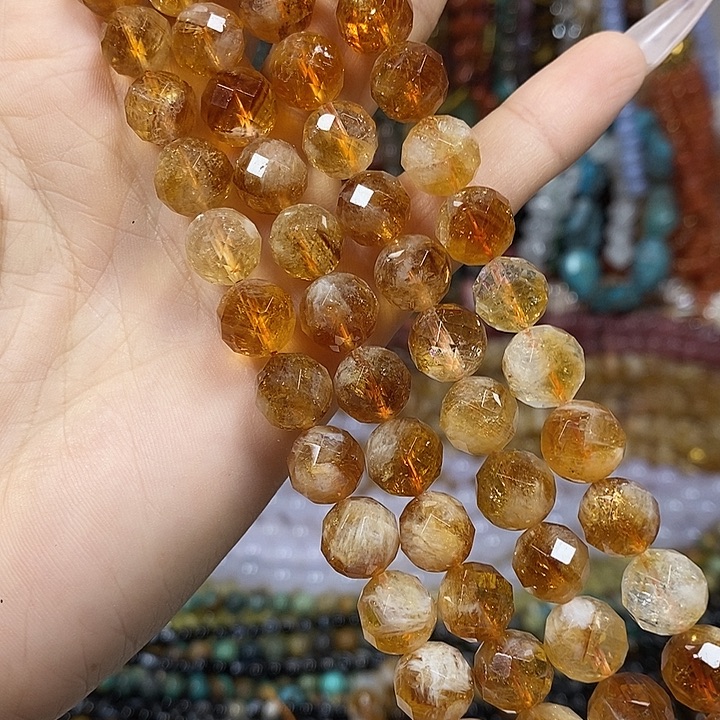 玛瑙/玉髓未镶嵌珠宝半成品天然黄塔晶切面卡10mm短款