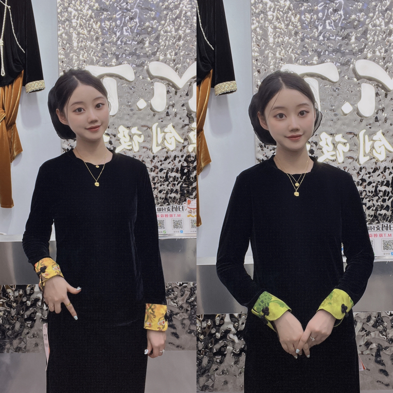 新中式套头提花袖口重工拼接显瘦丝绒长袖圆领衫女（衣长约60cm）