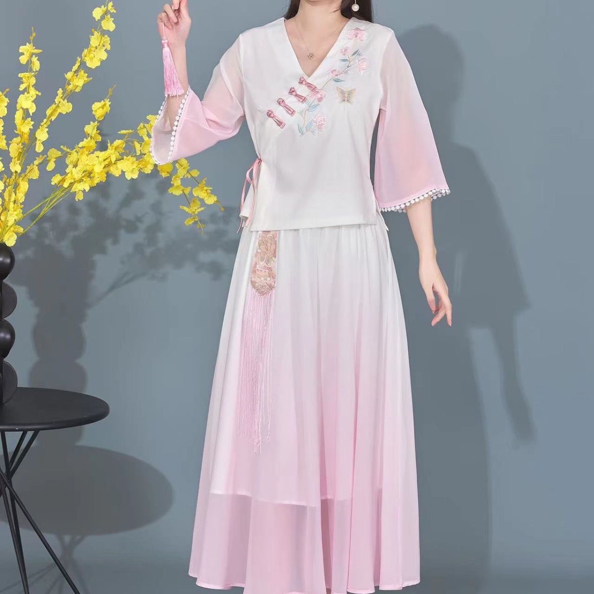 网红爆款渐变色汉服女中国风女装复古改良旗袍套装裙两件套日常