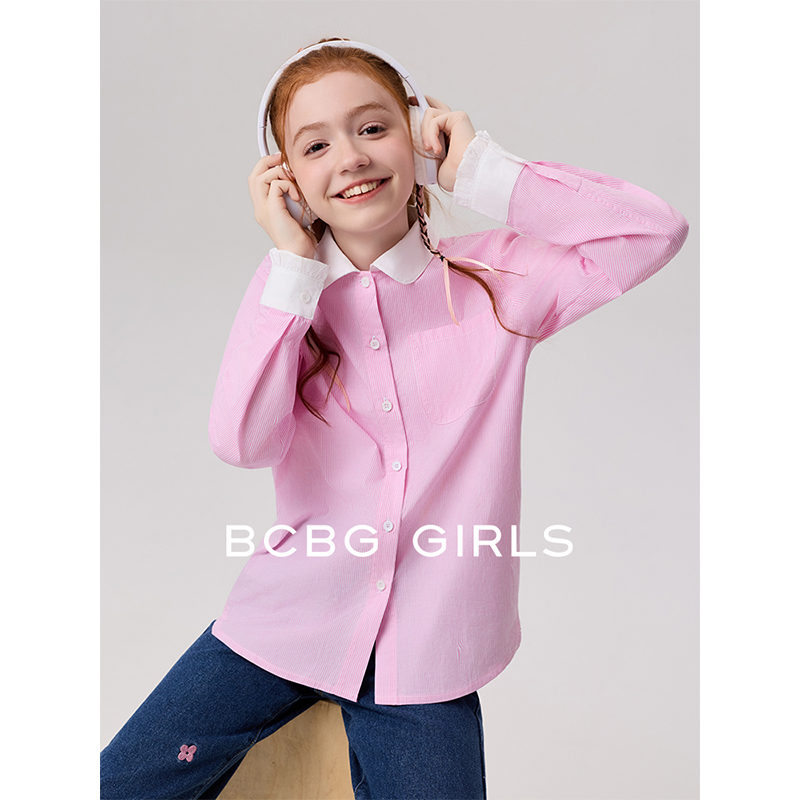 BCBG GIRLS童装撞色条纹衬衫清新美式春秋女童长袖衬衣中大童上衣