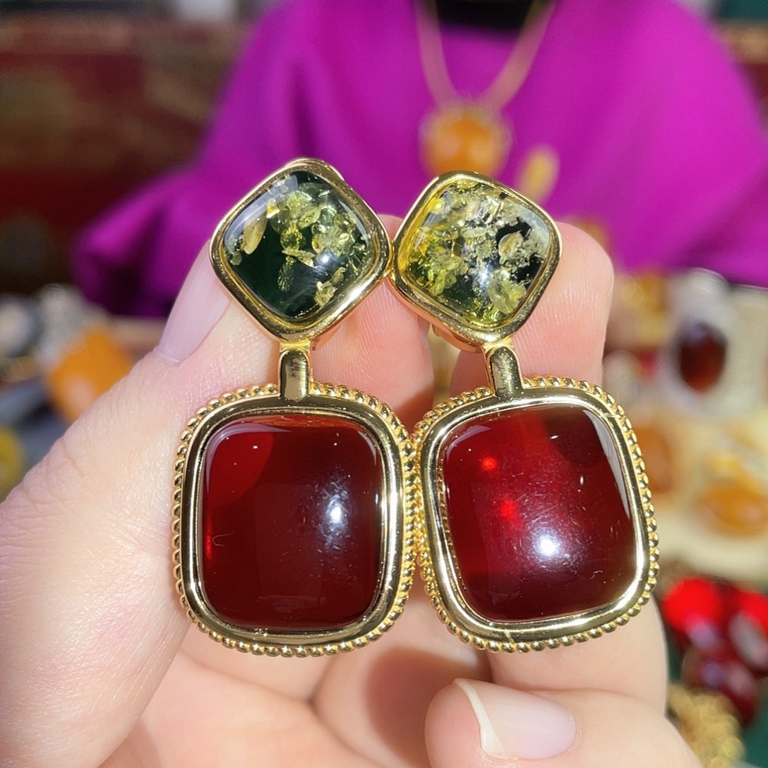 琥珀耳钉银S925镀金镶嵌