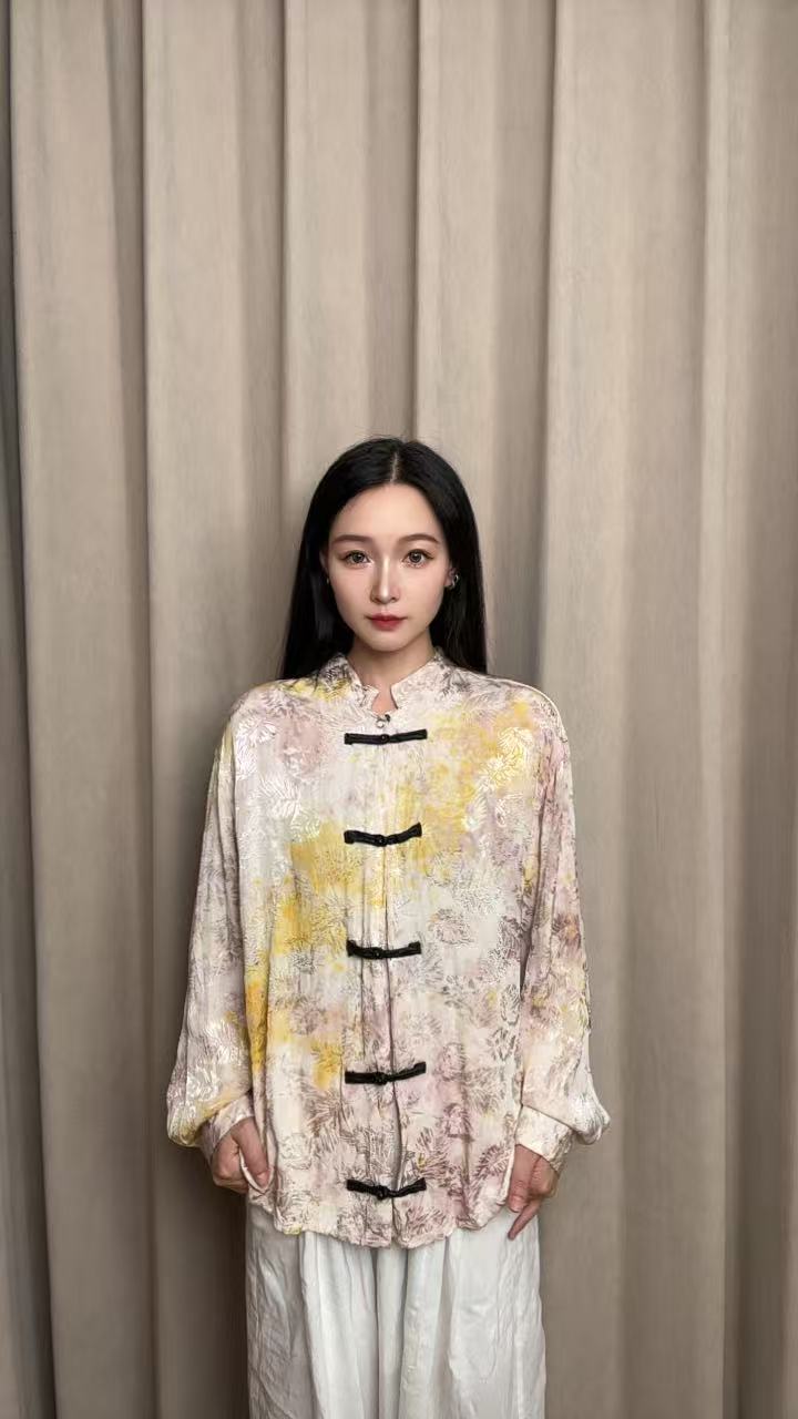 植物染中式紫黄色系缎面提花设计时尚开衫