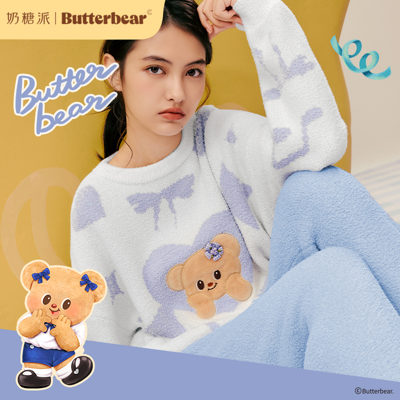 奶糖派黄油小熊联名音乐熊套头睡衣半边绒保暖秋冬家居服萌趣音符