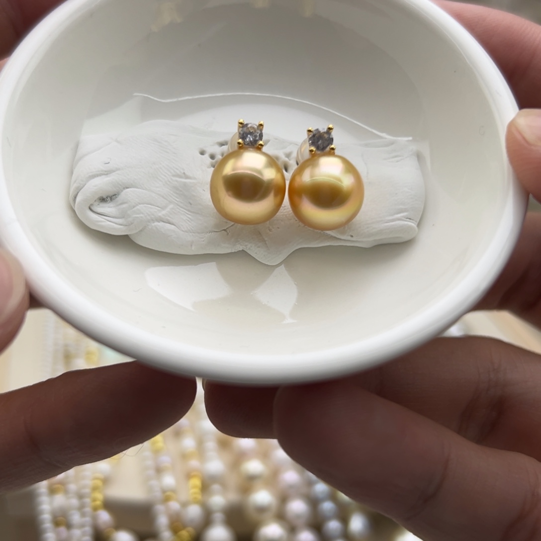 银S925镶嵌耳饰海水珍珠10.7mm海水金珠戴妃耳钉
