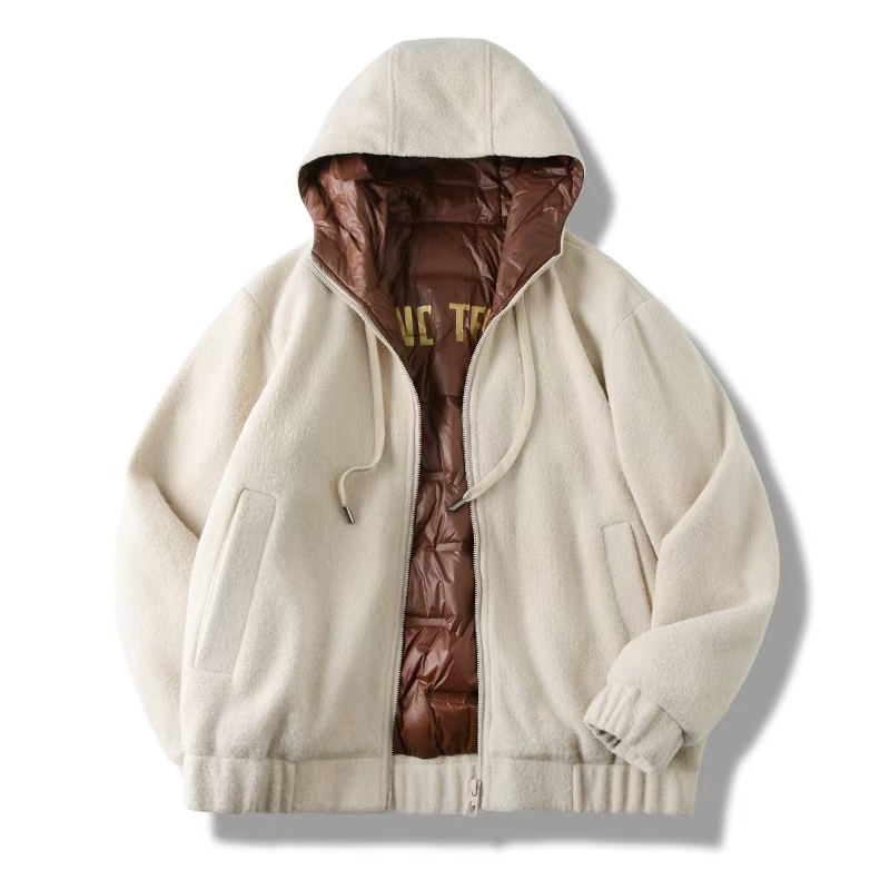 纯色连帽90灰鹅绒毛呢外套情侣潮流户外