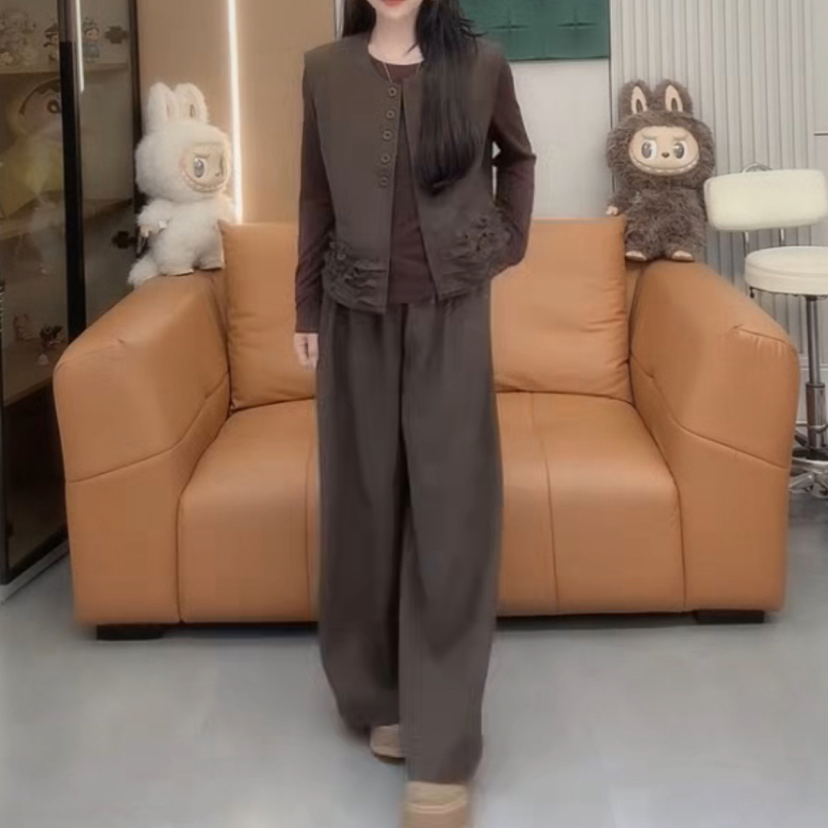 春秋大码拼接木耳花边设计感胖妹妹马甲➕打底衫➕高腰阔腿裤三件套