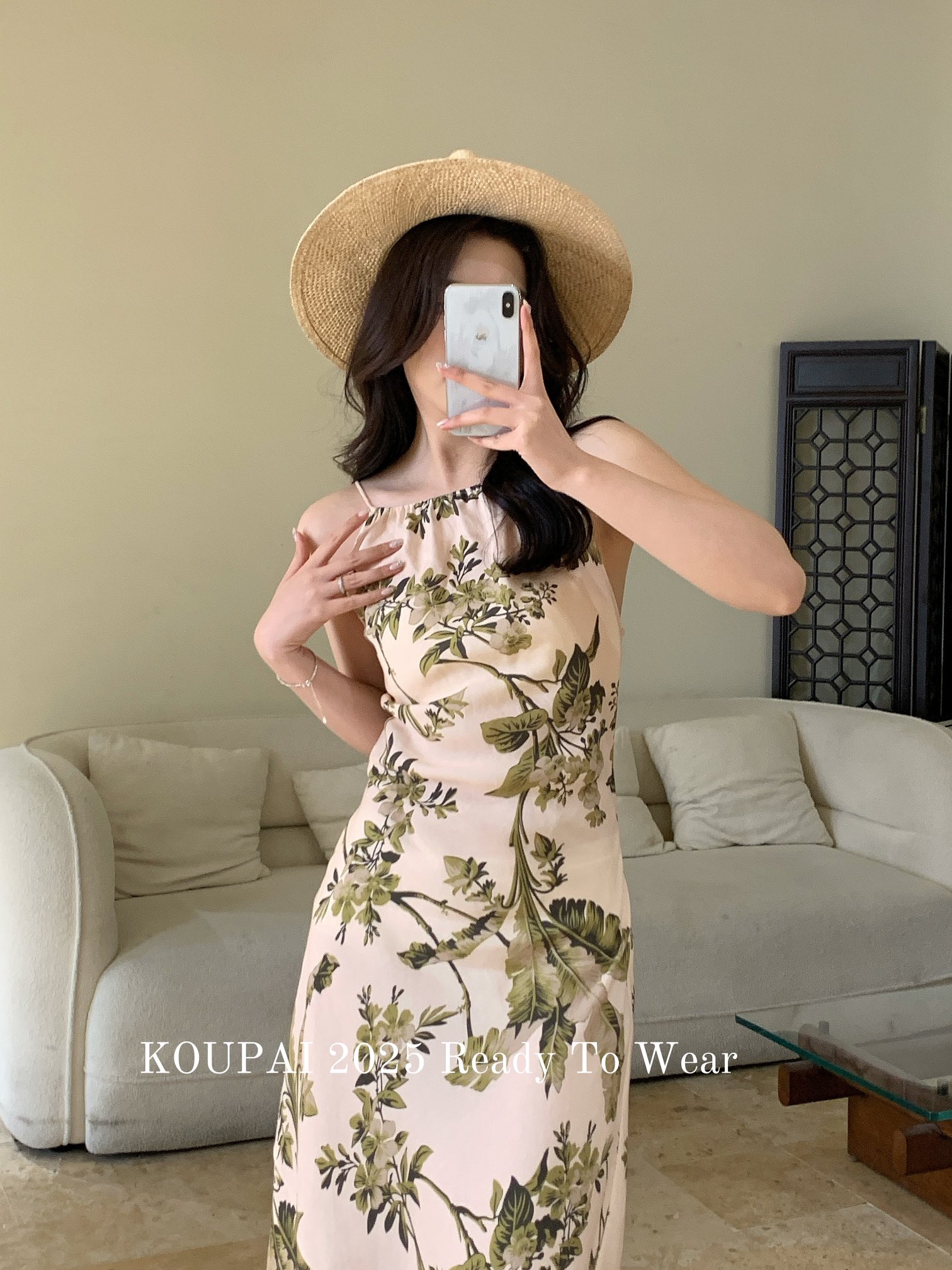 【AC专属】亚麻印花挂脖长款连衣裙-KDL2800