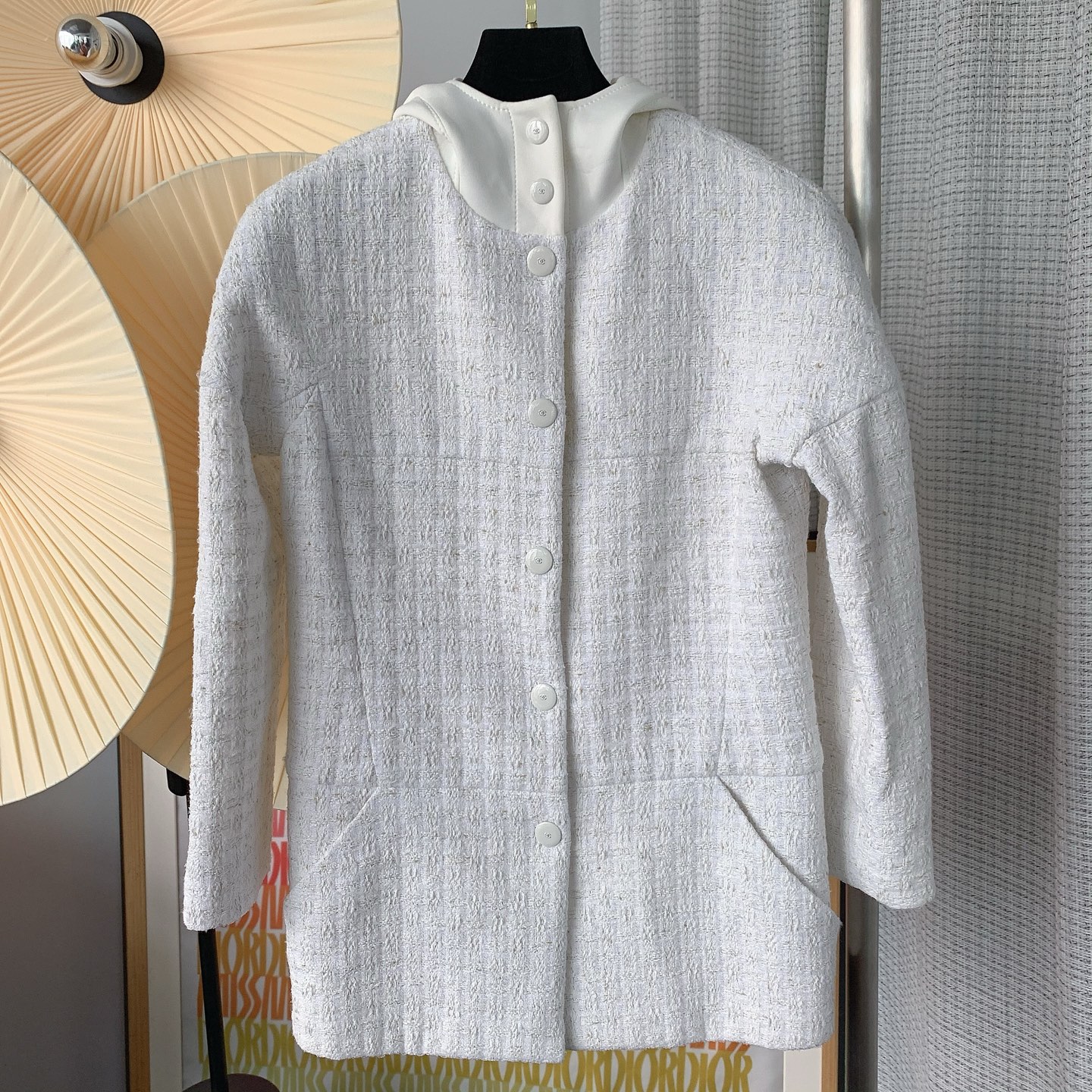 99新 Chanel/香奈儿 25c白色斜纹软呢中长款外套 34码