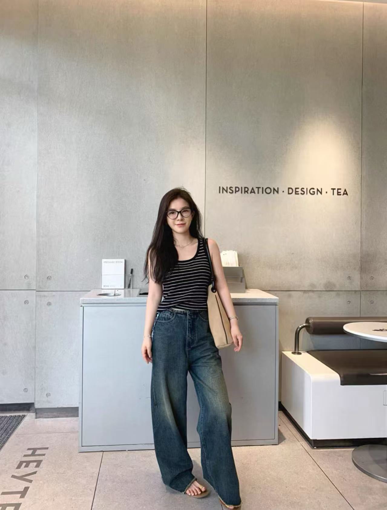 宽条纹固定杯 背心针织吊带