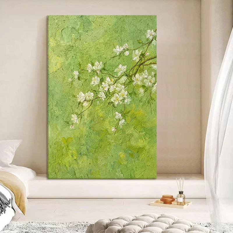 大芬村奶油风抽象花卉手绘肌理感绿色系油画客厅餐厅玄关装饰画