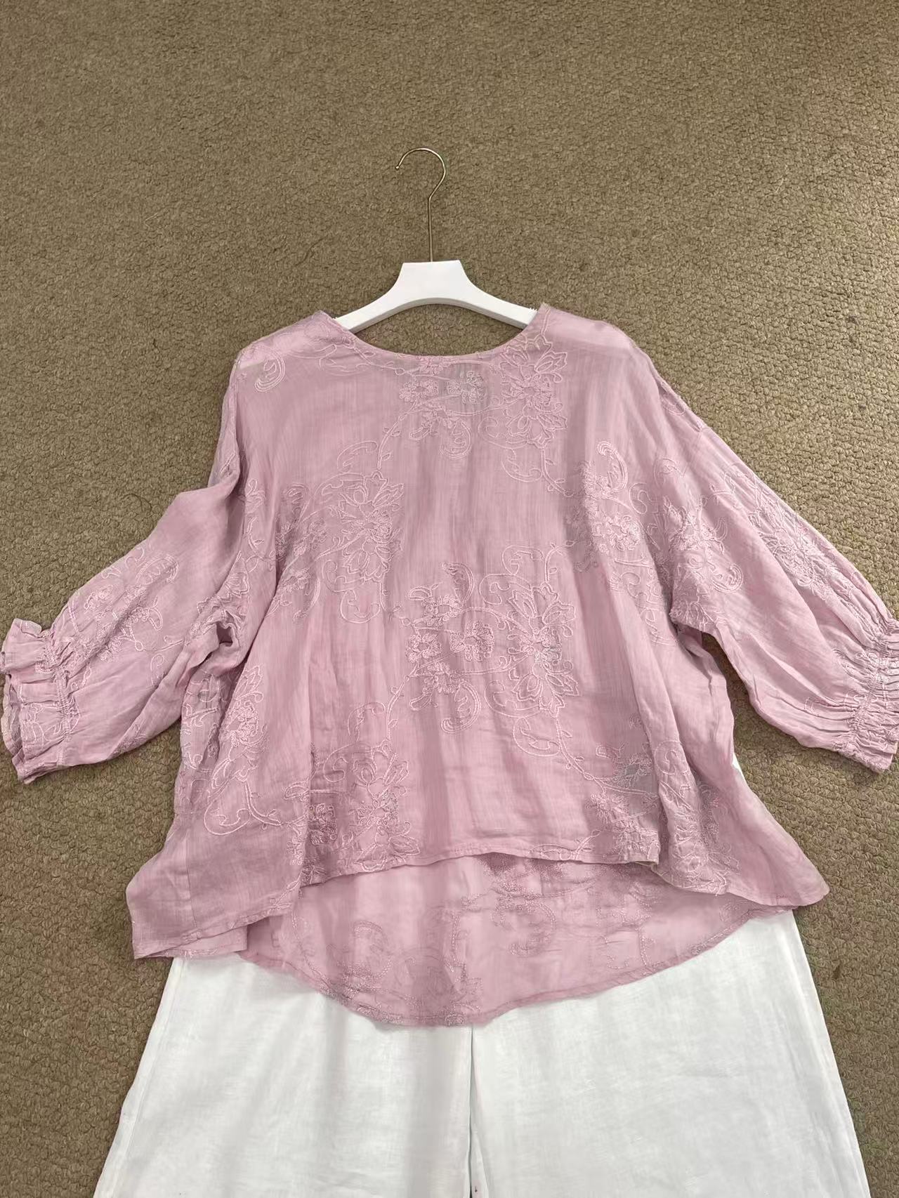 zm51156气质蕾丝苎麻提花刺绣衬衫女宽松遮肉上衣