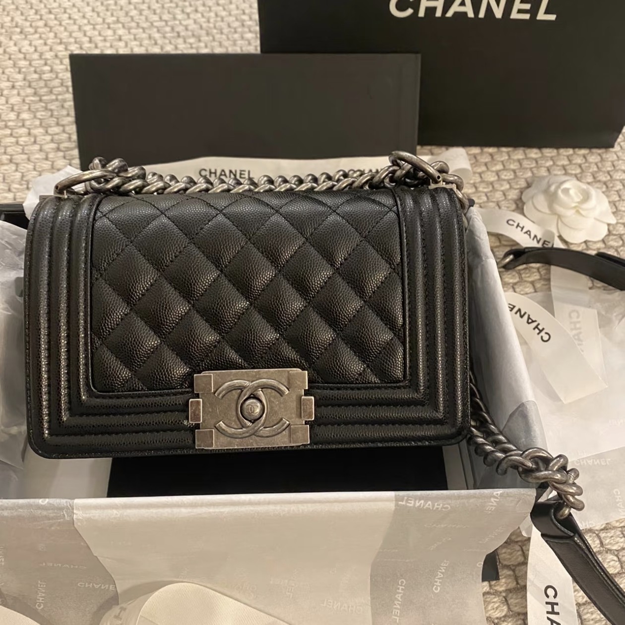 99新 Chanel/香奈儿 包展专属Chanel黑银荔枝纹leboy小号