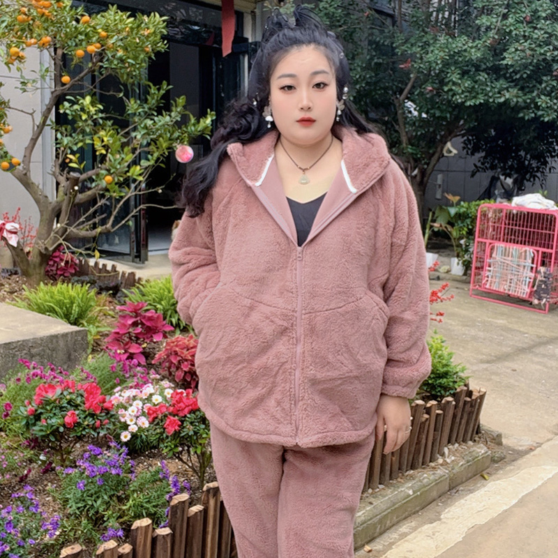 【现货】冬季大码加厚保暖绒睡衣情侣长袖连帽家居服可外穿保暖套装