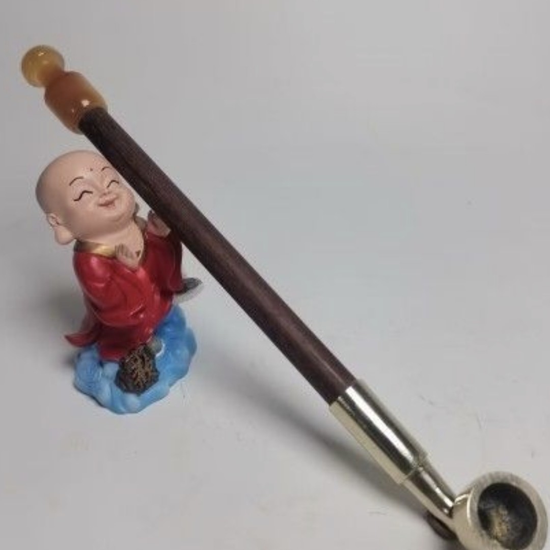 玛瑙蘑菇头罗汉嘴白铜老京锅旱烟袋锅烟斗高档烟具长30厘米总长